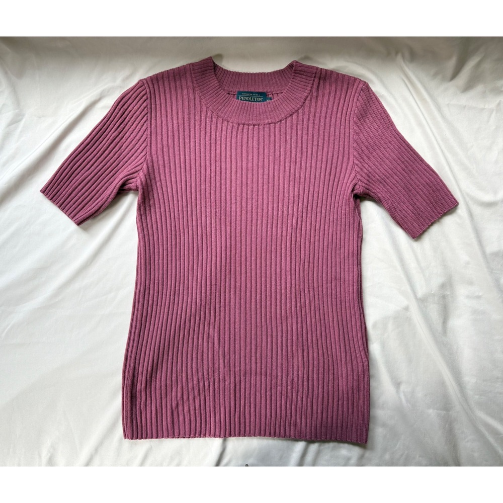 Pendleton Preppy XS Pink Merino Wool Ribbed Short Sleeve Crew Neck Sweater Top